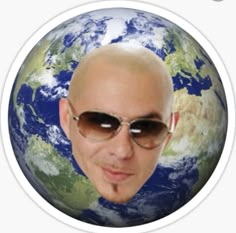 a bald man wearing sunglasses in front of the earth