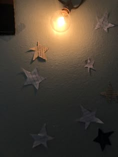 some paper stars are hanging on the wall