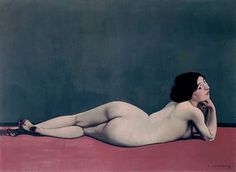 a painting of a naked woman laying on a red blanket with her hand under her chin