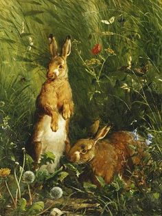 a painting of two rabbits in the grass with flowers and plants around them, one rabbit is standing on its hind legs