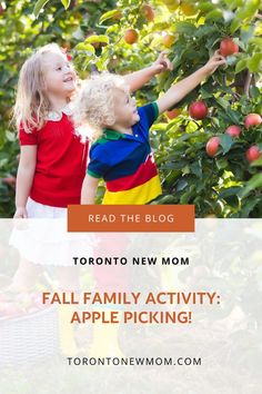 two children picking apples from an apple tree with text reading read the blog toronto to new mom fall family activity apple picking