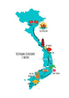 the vietnam itinerary map shows where to go and what to see in each country