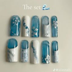 Press On Nail Designs Coffin, White Nails With Beach Designs, Nail Art Designs Blue And White, Wave To Earth Nails, Jellyfish Nail Art, Jellyfish Nails, Shark Nails, Punk Nails, Grunge Nails