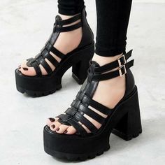 Summer High Heels Sandals, Sandals Chunky, Summer High Heels, Gladiator Shoes, Punk Shoes, Womens Black Booties, Giuseppe Zanotti Heels, Womens Chunky Heels, Platform Block Heels