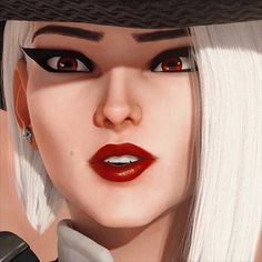 a woman with white hair and red eyes wearing a black hat