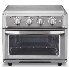 a stainless steel oven with two burners and an open door on the front side