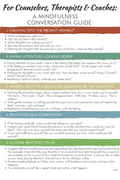 Mindfulness Conversation Guide for Counselors, Therapists, and Coaches to Use in Sessions with Clients. Counseling Techniques, Detox Kur, School Social Work, Mental Health Counseling, Counseling Activities, Therapy Counseling, Counseling Resources, Family Therapy, Therapy Worksheets