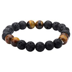 Men's Steel Art Black Lava and Brown Tiger Eye Beads Bracelet (8.5), Multi-Colored Mens Stretch Bracelets, Brown Tiger, Brown Tiger Eye, Motifs Perler, Lava Beads, Steel Art, Tiger Eye Beads, Eye Beads, Black Bracelets