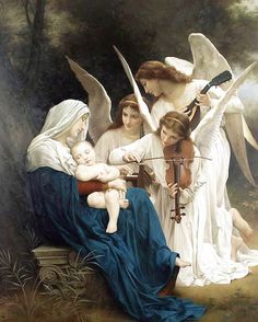 a painting of an angel holding a baby in its lap with two other angels nearby