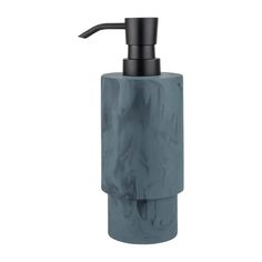 the soap dispenser is made from grey marble and has a black metal handle