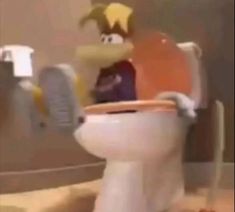 a cartoon character sitting on top of a toilet in a bathroom with the lid up