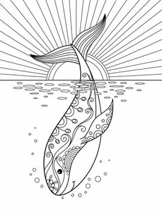 a fish swimming in the ocean with sunbeams above it coloring page for adults