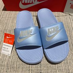 Brand New, Never Worn. Size 11 Light Blue Synthetic Slides With Round Toe, Light Blue Synthetic Slip-on Slides, Light Blue Casual Slides For Spring, Casual Light Blue Slides For Spring, Blue Synthetic Slides For Spring, Blue Sporty Slides For Streetwear, Sporty Blue Slides For Streetwear, Light Blue Flat Casual Slides, Blue Slip-on Slides For Spring