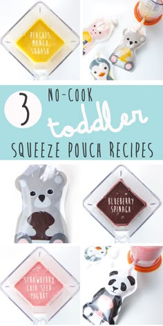 there are three different types of soaps on the table with text that says, 3 no - cook toddler squeeze pouch recipes