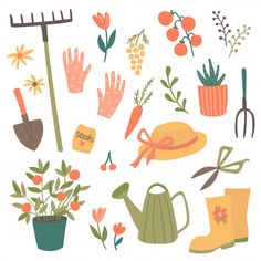 an assortment of gardening items including gloves, flowers, and other things to plant in the garden