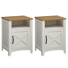 two white and wood side tables with doors