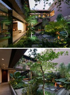 two pictures of the inside and outside of a house with plants growing on it's sides