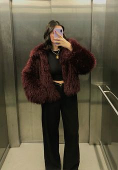 Maroon Fur Coat Outfit, Red Fur Coat Outfit, Burgundy Fur Coat, Burgundy Faux Fur Coat, Red Fur Coat, Fur Coat Outfit, Red Fur, Coat Outfits, Going Out Outfits