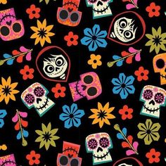 colorful skulls and flowers on a black background