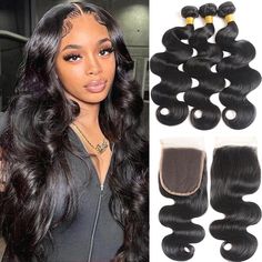 PRICES MAY VARY. Human Hair Bundles Material: Brazilian body Wave human hair bundles with closure, 100% unprocessed human hair weave bundles, be cut from young girl donors directly. Hair clean, healthy, soft, natural. Body Wave Hair Color&Weight: Human hair bundles with closure is natural black hair. 10inch-28inch are available,hair weft is 95-100g/bundle,lace closure is 30-50g. Items Per Package: 10A body wave bundles with closure. 3 Bundles and 4x4 free part lace closure. Can be enough to do a Hair Extension Lengths, Bouncy Hair, Lace Body, Brazilian Body Wave, Skin Complexion, Beautiful Curls, Body Wave Hair, Hair Quality, Hair Weft