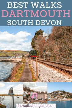 Best Walks around Dartmouth in South Devon, written by she walks in England. There are 4 images from the different walks. The large top image shows a stream trail on the railway track, with the river to the left. The smaller images show a big bell, colourful houses, and the river with a hill on the other side. Countryside Village, England Countryside, Walking Routes