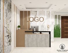 an office lobby with marble and wood accents on the walls, along with a reception desk