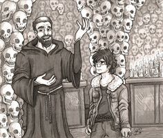 a black and white drawing of a man standing next to a woman in front of skulls