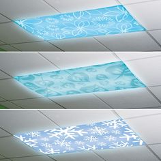 three different angles of the ceiling with snowflakes on it