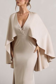 Yasie Champagne Satin Plunge-Neck Maxi Dress With Cape Sleeves – Club L London - USA Mother Of The Bride Cape Dress, Cape Dresses Formal, Bridesmaid Outfit Ideas, Goddess Ideas, Champagne Maxi Dress, Dress With Cape Sleeves, Plunge Neck Maxi Dress, Dress With Cape, Minimalist Bride