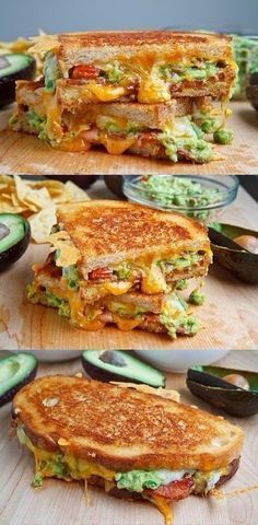 three different views of a grilled cheese sandwich with avocado on the side