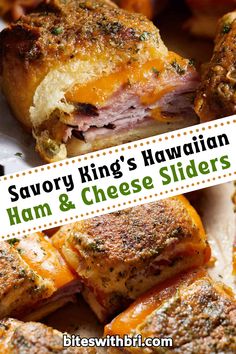 savory king's hawaiian ham and cheese sliders with text overlay