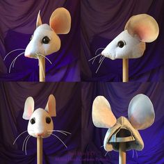 four images of a mouse head on top of a wooden pole with three different angles