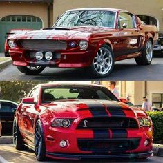 two pictures of the same car in different stages of being painted red and black with white stripes