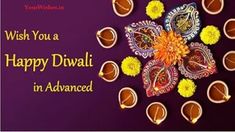 happy diwali wishes in english with colorful flowers and pom poms on purple background