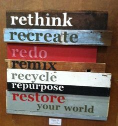 four signs are stacked on top of each other in different colors and styles, with the words rethik to recreate