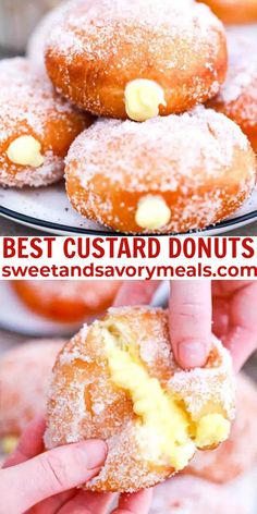 two pictures showing different types of doughnuts and the words best custard donuts