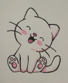 a drawing of a cat sitting down with its eyes closed and tongue out, on a white paper