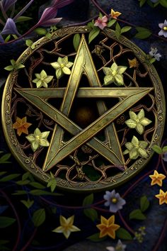 a gold pentagram surrounded by flowers and leaves