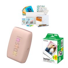 an image of a pink box with photos and other items around it on a white background