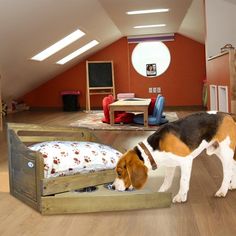 a dog is eating out of his bed in the living room