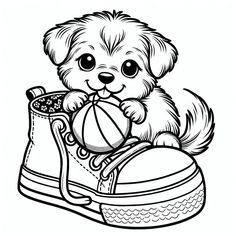 a puppy playing with a ball in a shoe coloring pages for kids, free printable