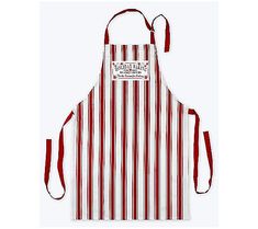 an apron with red and white stripes on it, hanging from the front of the apron