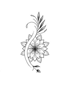 a black and white drawing of a flower with leaves on it's side, in the shape of an e