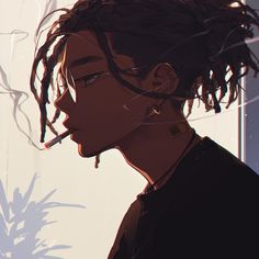 Black Characters Pfp Male, Chill Icon Aesthetic, Black Man Oc Art, Pluggnb Aesthetic Cover Art, Black Guy With Dreads Drawing, Pfp Ideas Boy, Black Haired Oc Male, Power Up Pose, Dark Skin Drawing