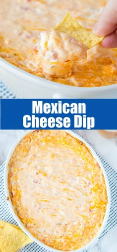 mexican cheese dip with tortilla chips in a white bowl