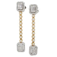 1.65 ct Round & Baguette Cut Diamond Drop Dangle Earrings in 18k White & Rose Gold. The earrings weigh 9.5 grams, contains 102 Round & 12 Baguette Cut Diamonds weighing approximately 1.65 ct, the diamonds are E-G in color, VVS-VS clarity, Width is 7.7 mm & 31 mm Long. Both earrings are stamped "750". Diamond Cluster Earrings, Diamond Dangle Earrings, Family Jewellery, Italian Jewelry, Baguette Cut Diamond, White Gold Jewelry, Drop Dangle Earrings, European Cut Diamonds, Fine Jewels