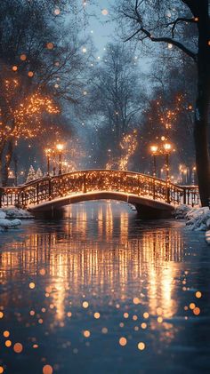 a bridge that is over some water with lights on it and trees in the background