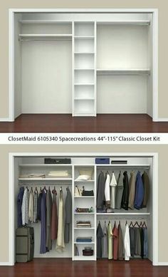 two closets with open doors and closed shelves