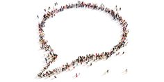 a large group of people standing in the shape of a speech bubble on a white background