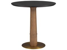 a round wooden table with a black top and gold base on an isolated white background